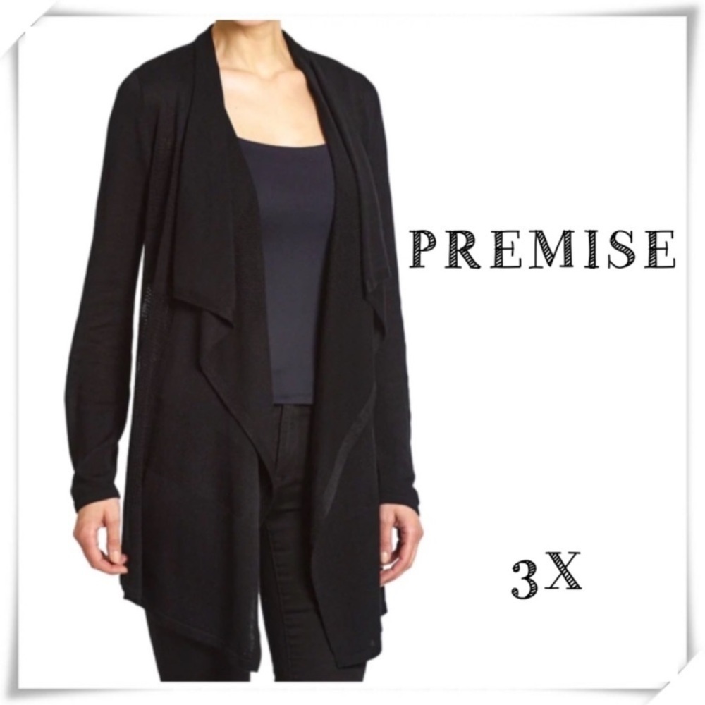 Premise Long Sleeve Lightweight Open Front Drape Jersey Cardigan Black Size 3X